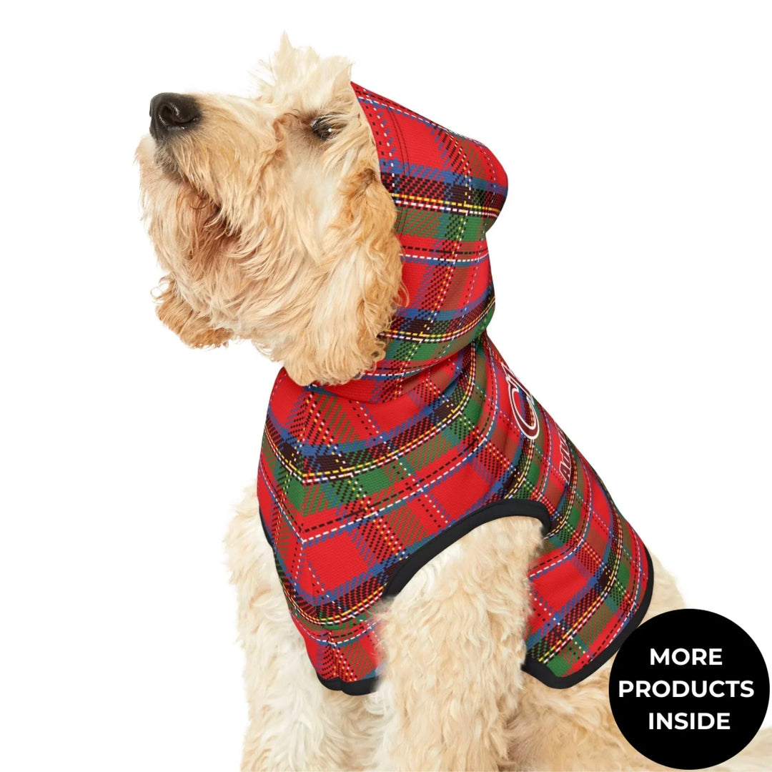 Dog wearing Dog wearing Personalized tartan plaid pet hoodie with two lines of custom text. Available in different plaid colors for dogs or cats-ARTFULANE