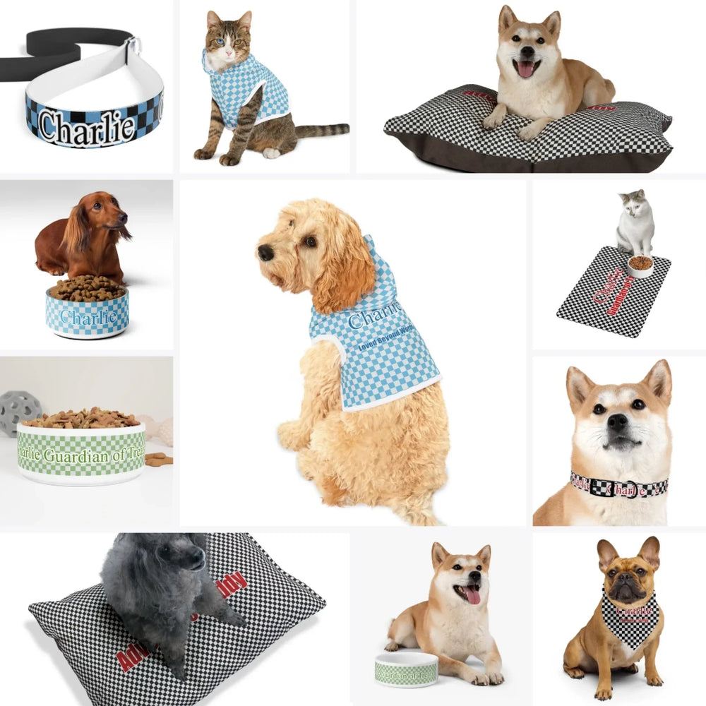 Custom Checkered Pet Accessories Collection – Matching Set (Hoodie, Bandana, Collar, Bowl & More) - ARTFULANE