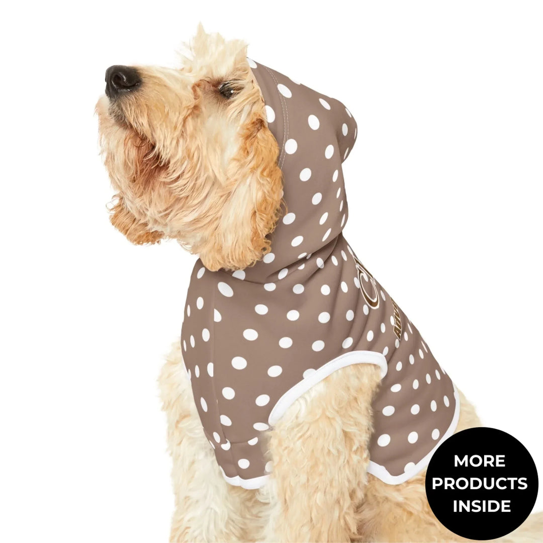 Close-up of Personalized polka dots pet hoodie with custom text like a name. Available in different polka dot pattern colors for dogs or cats-ARTFULANE