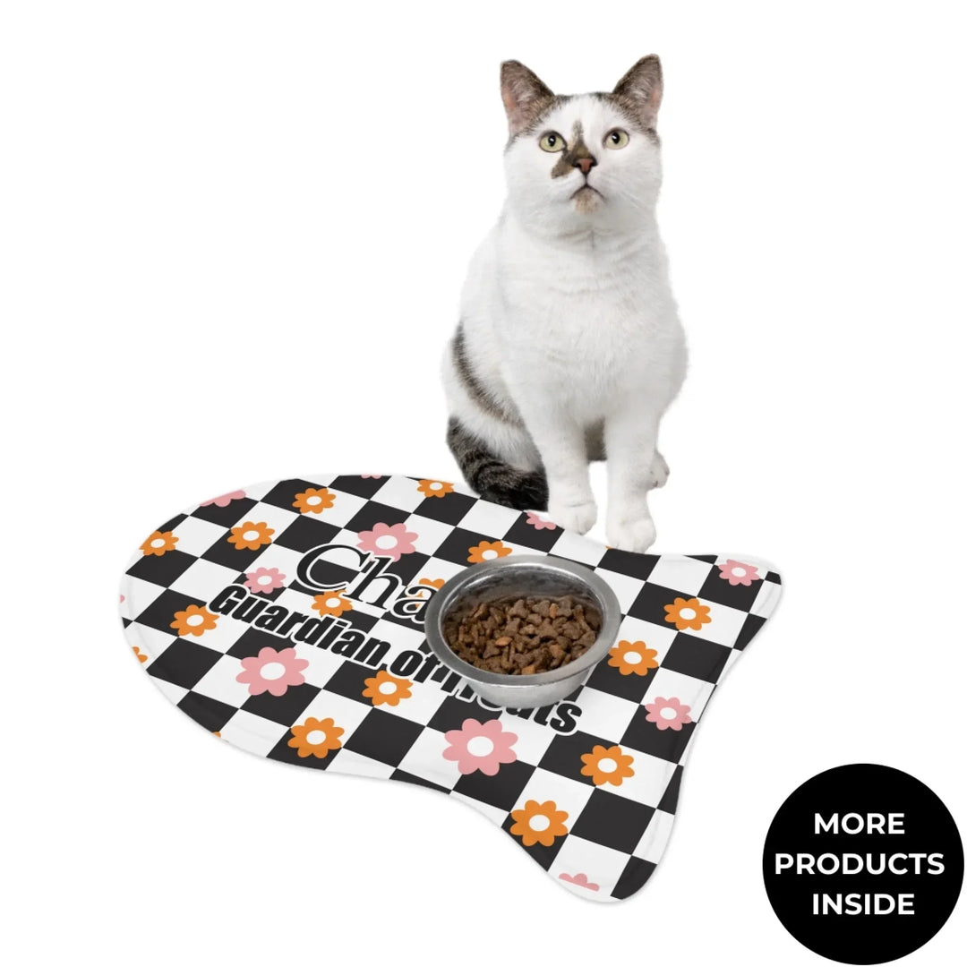 Cat using Personalized Retro Groovy pet fish-shaped feeding mat with custom text like a name. Available in different retro groovy pattern colors for dogs or cats-ARTFULANE