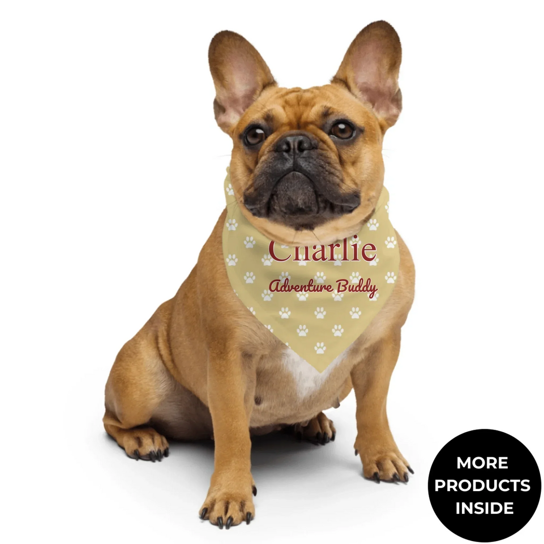 Dog wearing Personalized paws print pet bandana with custom text like a name. Available in different paw print colors for dogs or cats-ARTFULANE