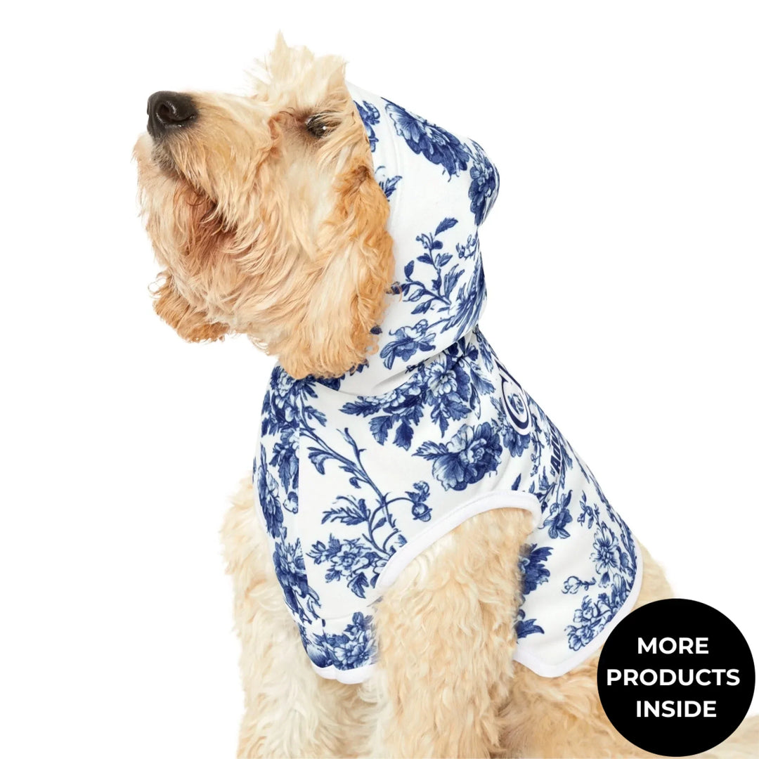Close-up of Personalized French Country Blue Toile de Jouy pet hoodie with custom text like a name. Available in different Toile de Jouy patterns for dogs or cats-ARTFULANE