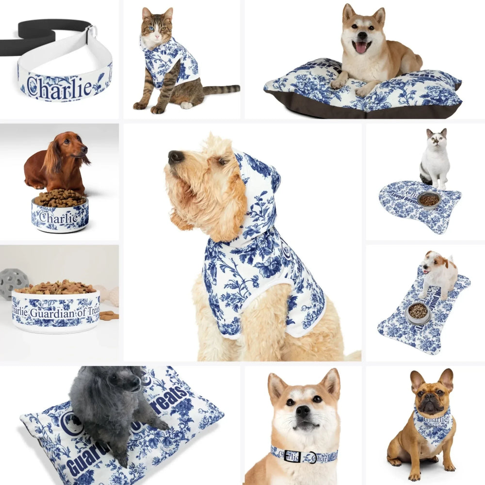 Custom French Country Blue Toile de Jouy Pet Accessories Collection – Matching Set (Hoodie, Bandana, Collar, Bowl & More) - ARTFULANE