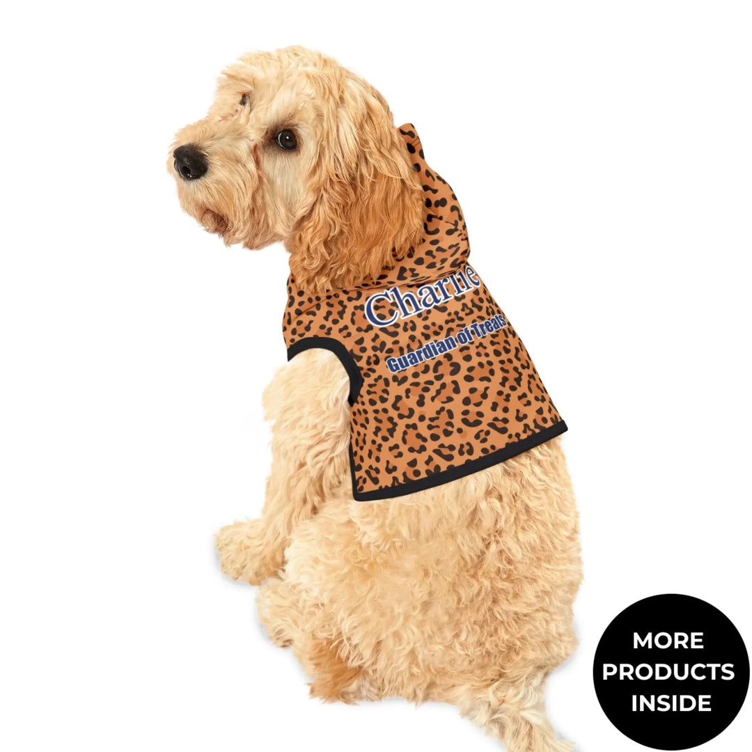Dog wearing Personalized Animal Print pet hoodie with custom text like a name. Available in different animal print colors (leopard, cow, snake, crocodile, cheetah, dalmatian, giraffe, zebra, tiger, scales) for dogs or cats-ARTFULANE