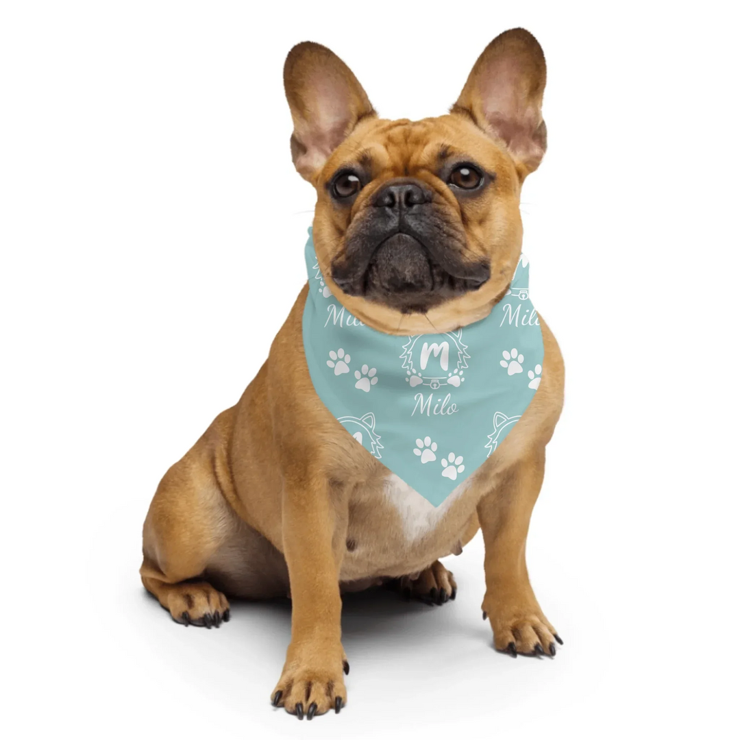 Dog wearing Personalized Monogram Name pet bandana with custom text. Available in different monogram styles in any color for dogs or cats-ARTFULANE