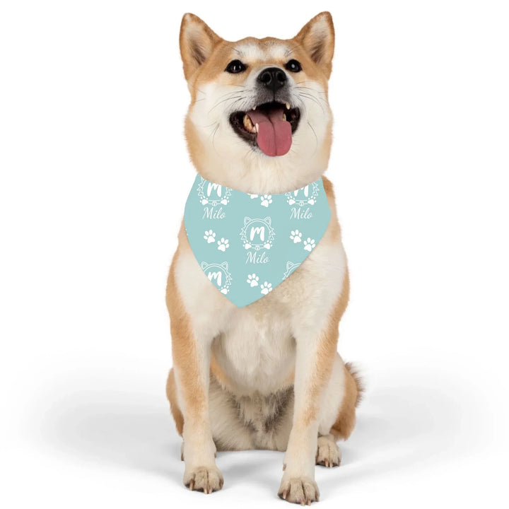 Dog wearing Personalized Monogram Name pet bandana collar with custom text. Available in different monogram styles in any color for dogs or cats-ARTFULANE