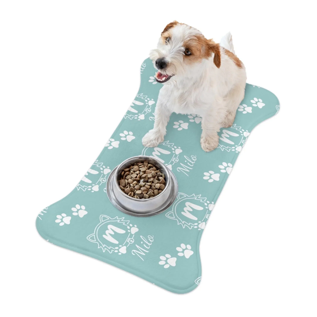 Dog using Personalized Monogram Name pet bone-shaped feeding mat with custom text. Available in different monogram styles in any color for dogs or cats-ARTFULANE
