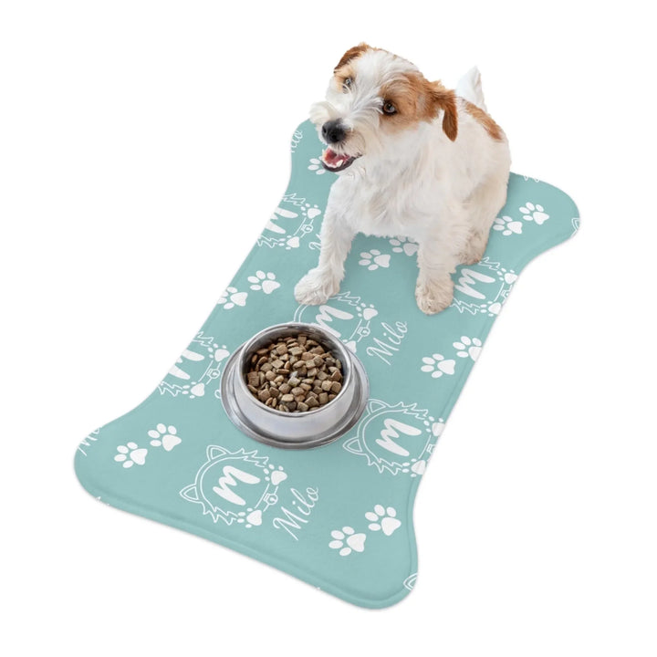 Dog using Personalized Monogram Name pet bone-shaped feeding mat with custom text. Available in different monogram styles in any color for dogs or cats-ARTFULANE