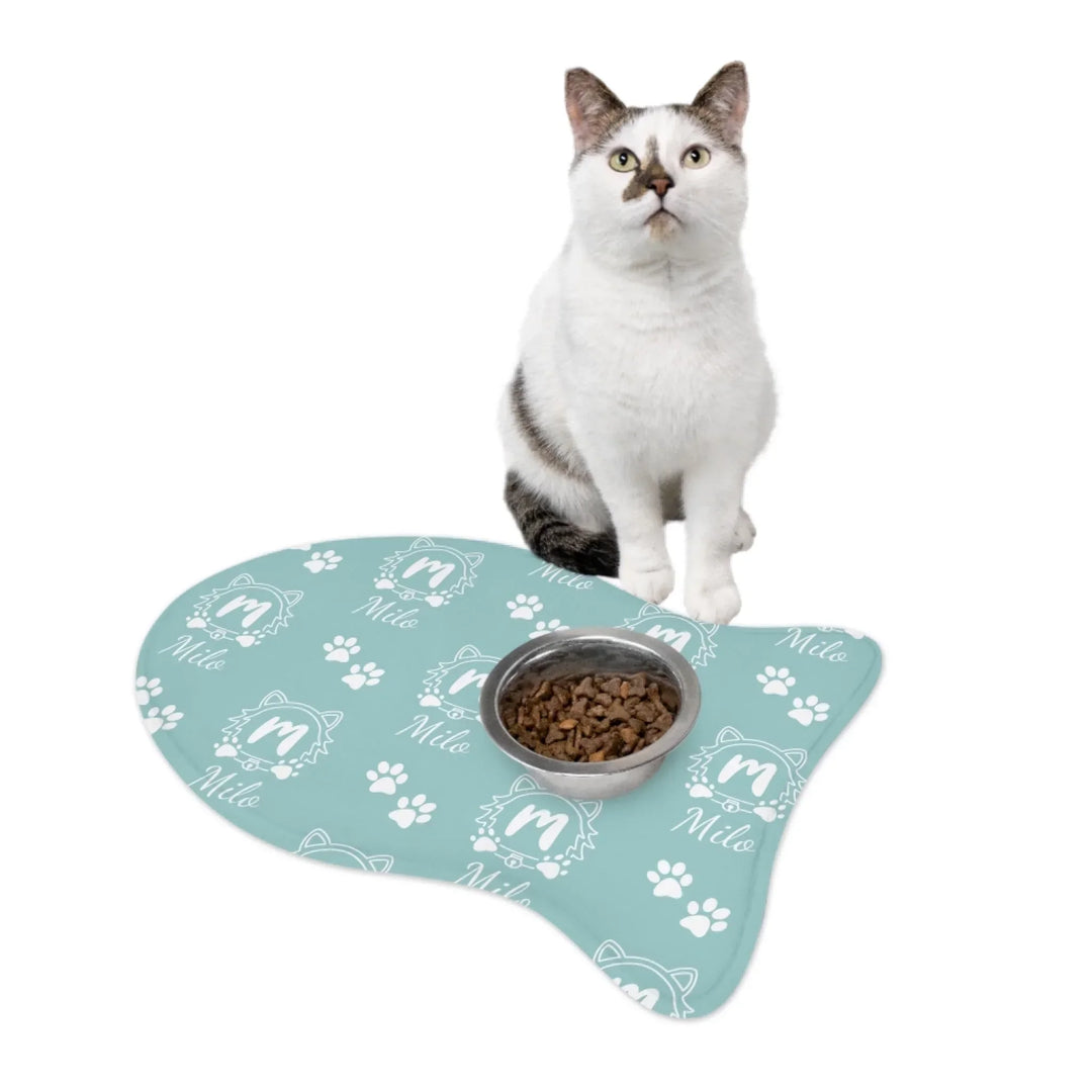 Cat using Personalized Monogram Name pet ship-shaped feeding mat with custom text. Available in different monogram styles in any color for dogs or cats-ARTFULANE