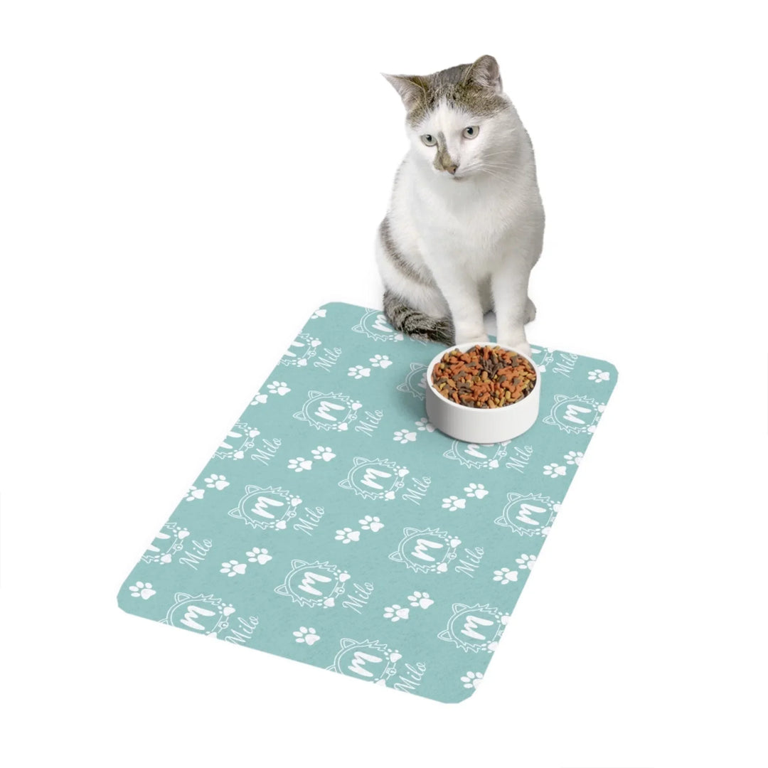 Cat using Personalized Monogram Name pet feeding mat with custom text. Available in different monogram styles in any color for dogs or cats-ARTFULANE