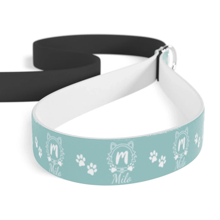 Closeup of Personalized Monogram Name pet leash with custom text. Available in different monogram styles in any color for dogs or cats-ARTFULANE