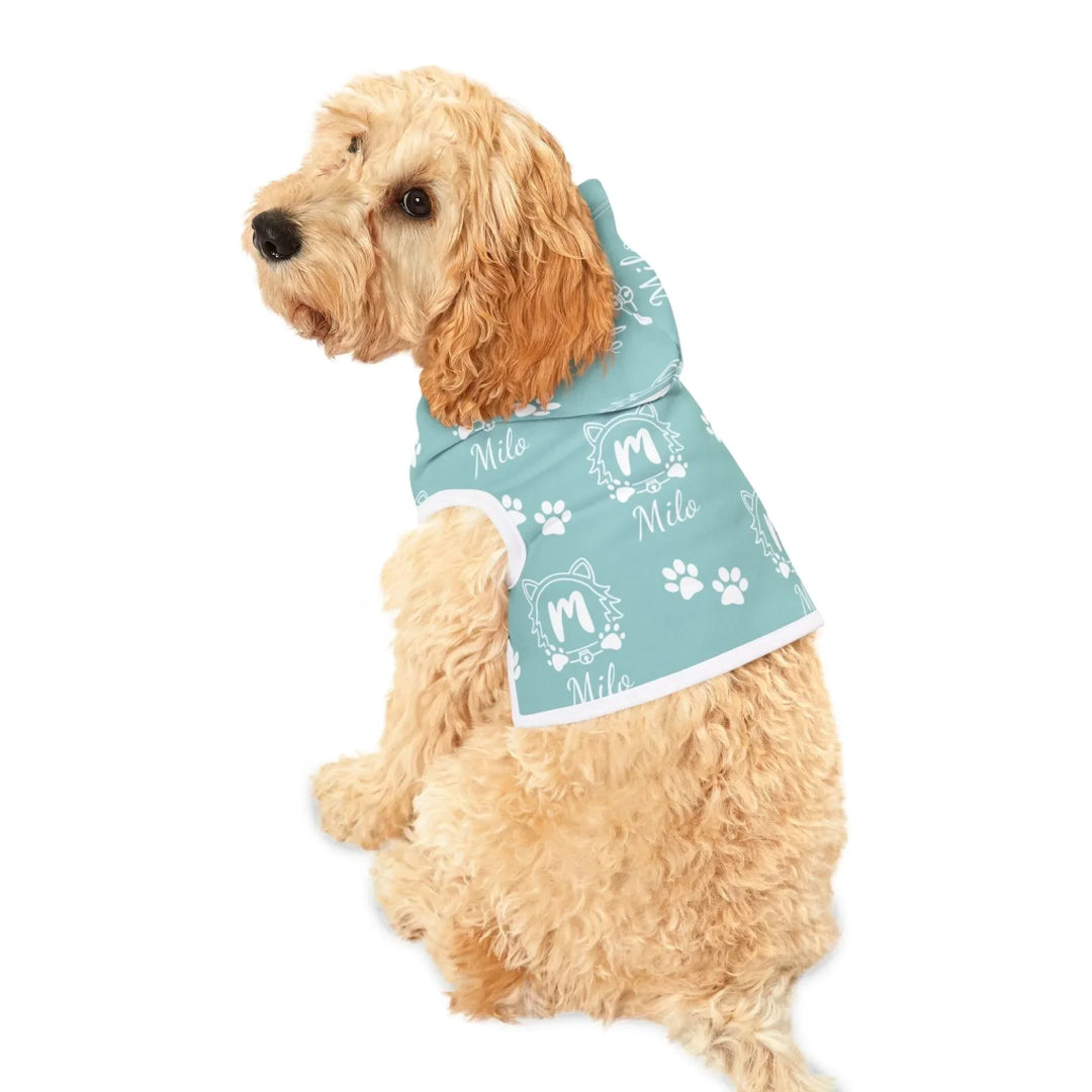 Dog wearing Personalized Monogram Name pet hoodie with custom text. Available in different monogram styles in any color for dogs or cats-ARTFULANE