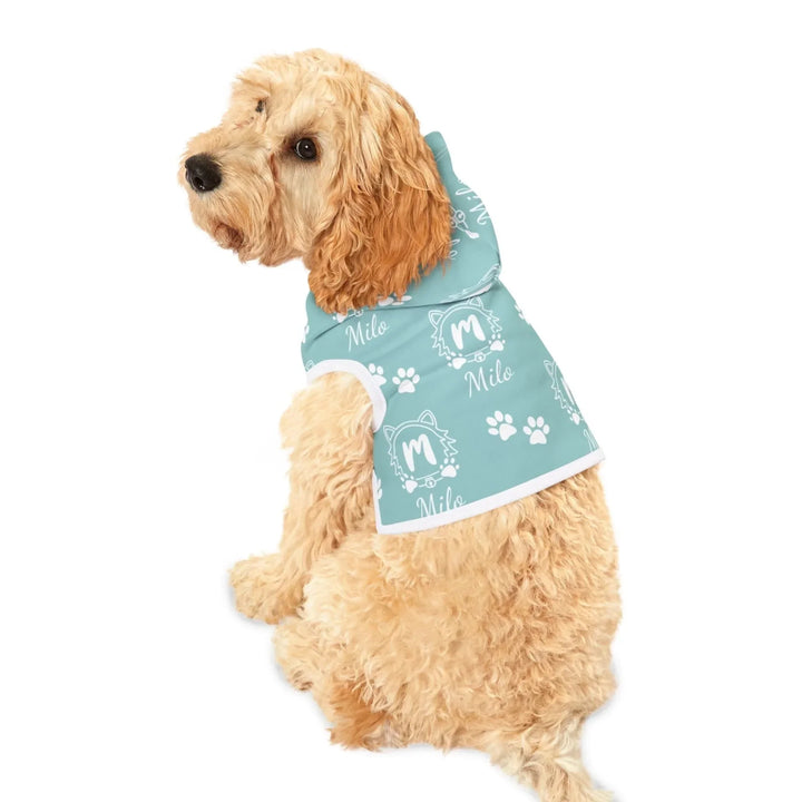 Dog wearing Personalized Monogram Name pet hoodie with custom text. Available in different monogram styles in any color for dogs or cats-ARTFULANE