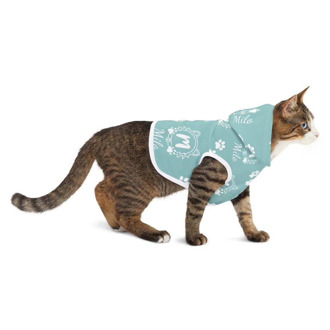 Cat wearing Personalized Monogram Name pet hoodie with custom text. Available in different monogram styles in any color for dogs or cats-ARTFULANE