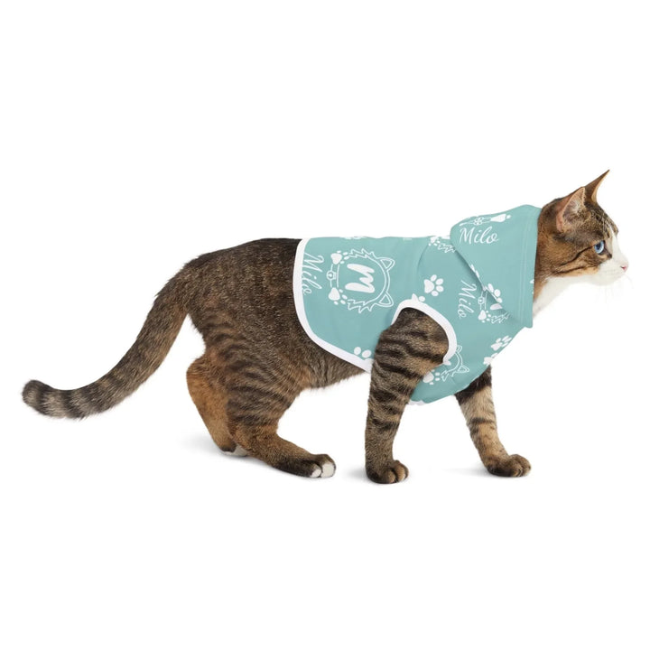Cat wearing Personalized Monogram Name pet hoodie with custom text. Available in different monogram styles in any color for dogs or cats-ARTFULANE