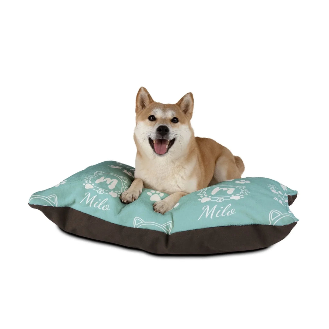 Dog sitting on Personalized Monogram Name pet bed with custom text. Available in different monogram styles in any color for dogs or cats-ARTFULANE