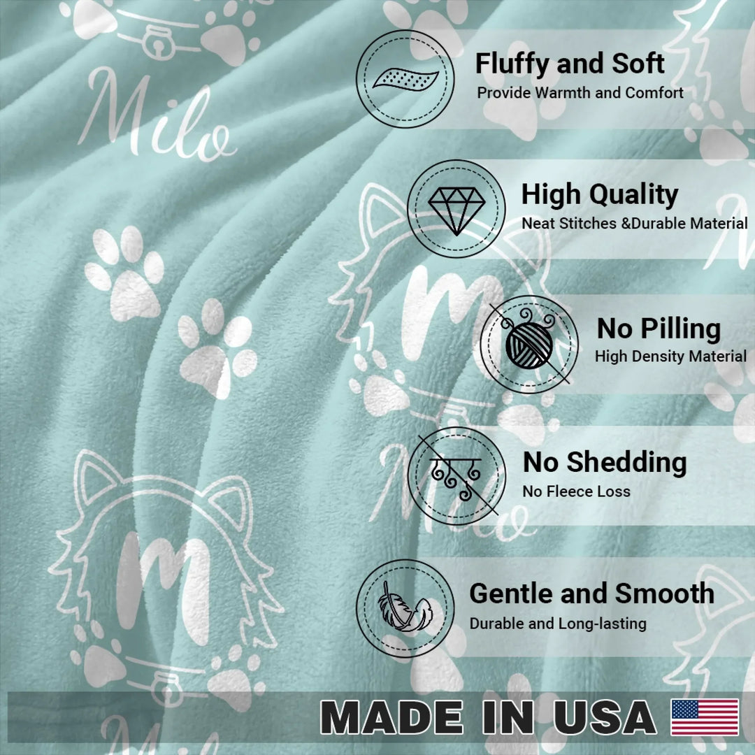 Features of Personalized Monogram Name pet blanket with custom text. Available in different monogram styles in any color for dogs or cats-ARTFULANE