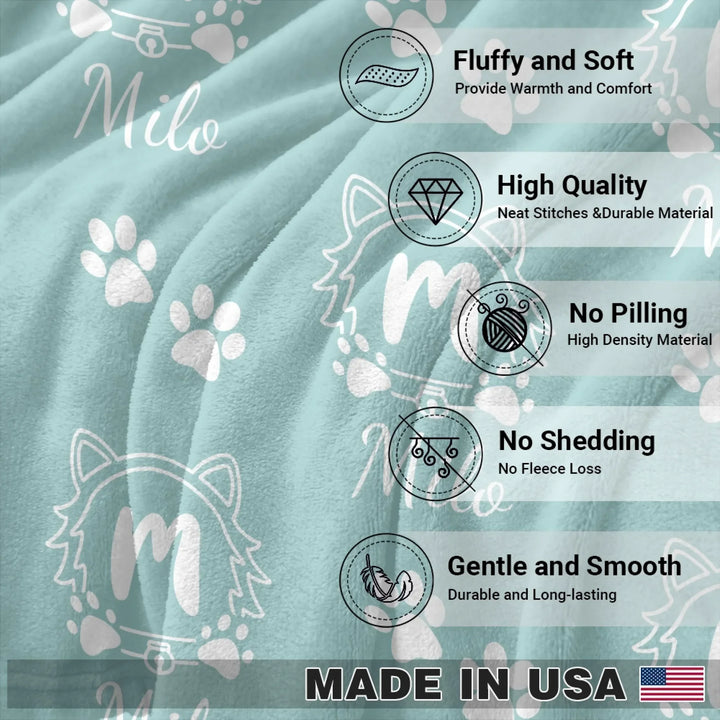Features of Personalized Monogram Name pet blanket with custom text. Available in different monogram styles in any color for dogs or cats-ARTFULANE