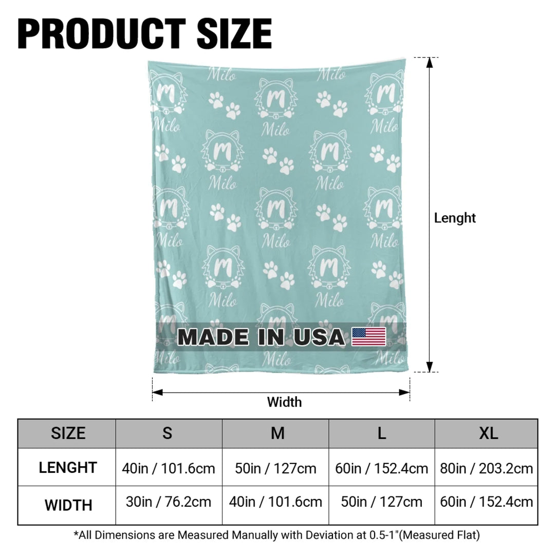 Size chart Personalized Monogram Name pet blanket with custom text. Available in different monogram styles in any color for dogs or cats-ARTFULANE