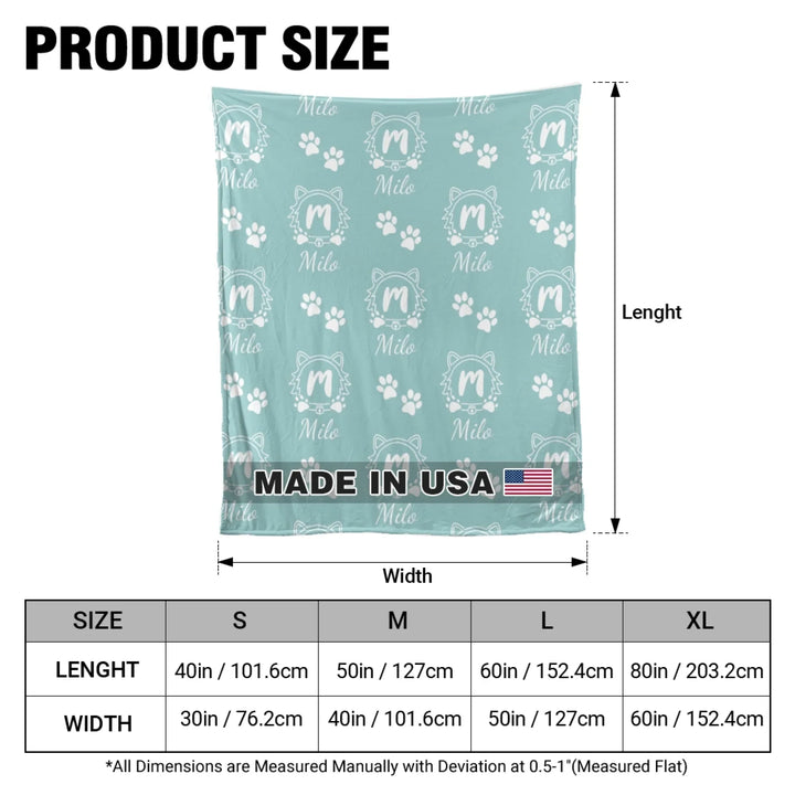 Size chart Personalized Monogram Name pet blanket with custom text. Available in different monogram styles in any color for dogs or cats-ARTFULANE