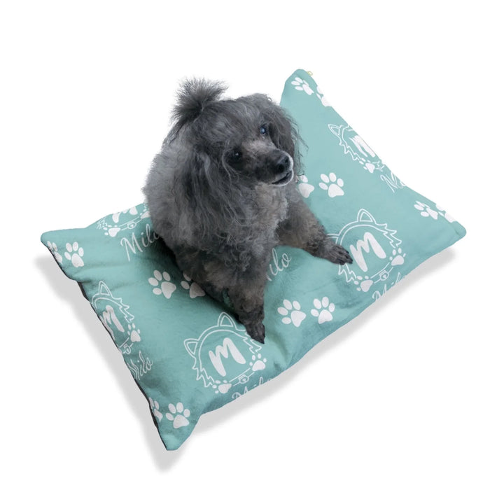 Dog sitting on Personalized Monogram Name pet bed with custom text. Available in different monogram styles in any color for dogs or cats-ARTFULANE