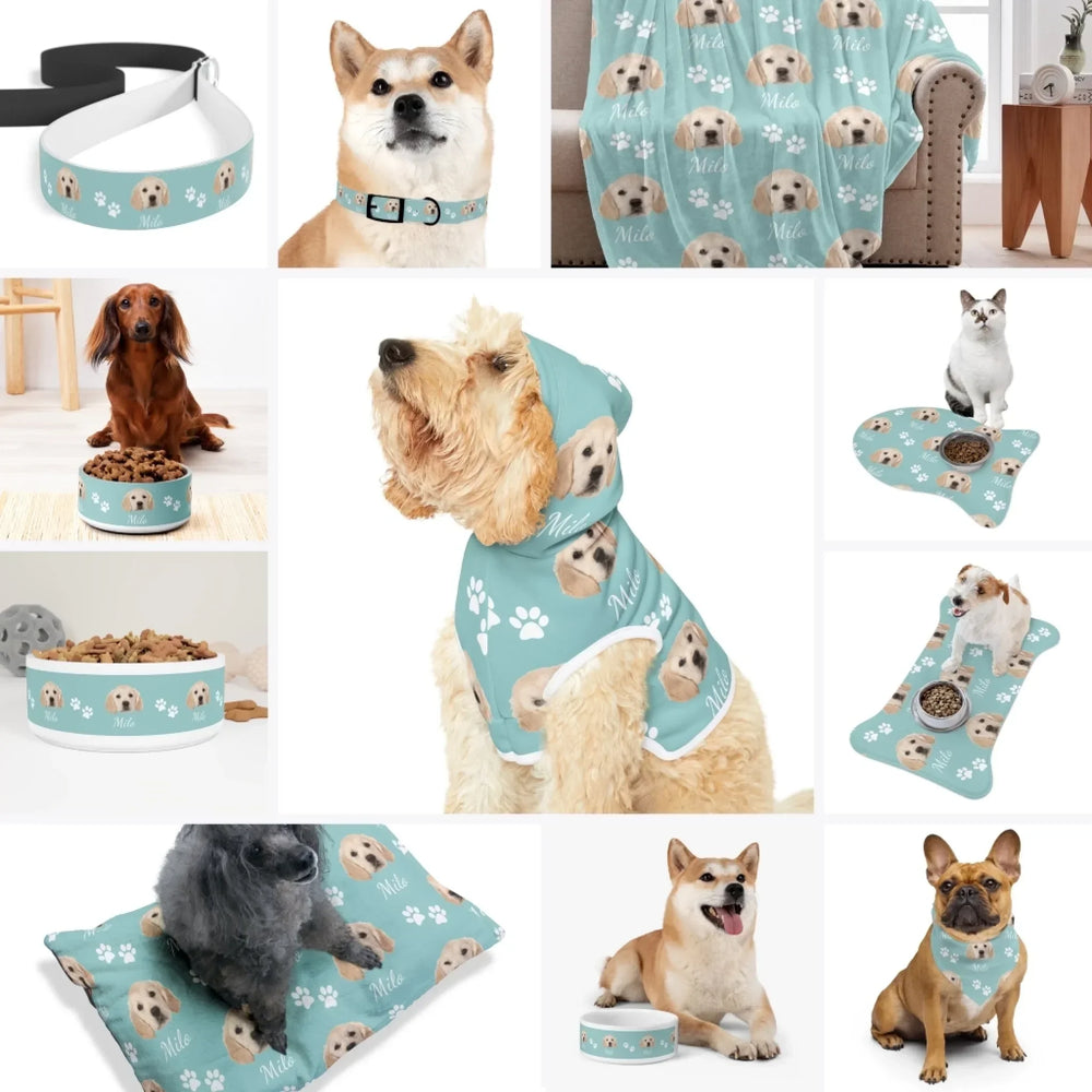 Custom Photo Face Cutout Pet Accessories Collection – Matching Set (Hoodie, Bandana, Collar, Bowl & More) - ARTFULANE