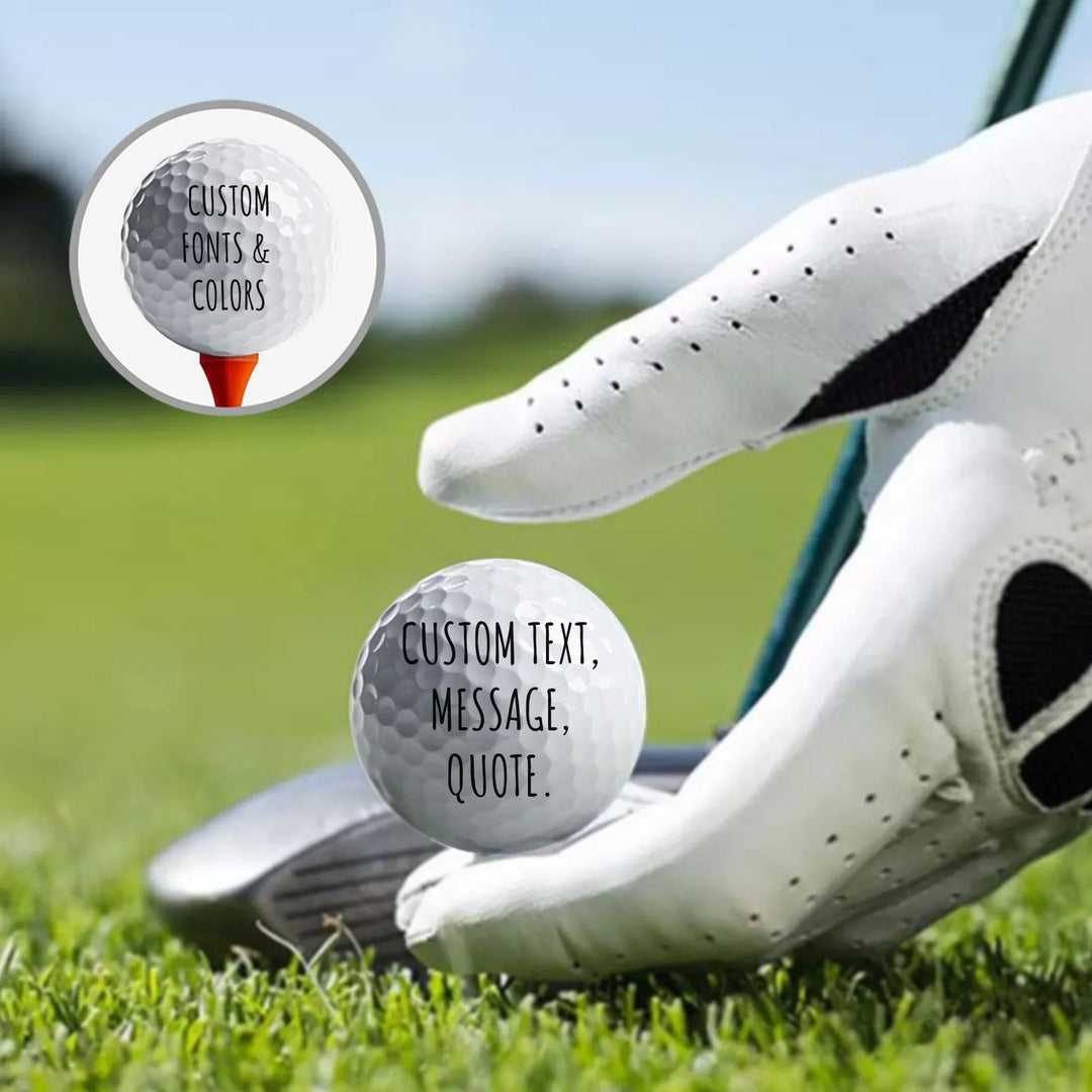 Personalized golf balls with custom text — add initials, name, or quote in any color and font style — premium gift for golfers by ARTFULANE