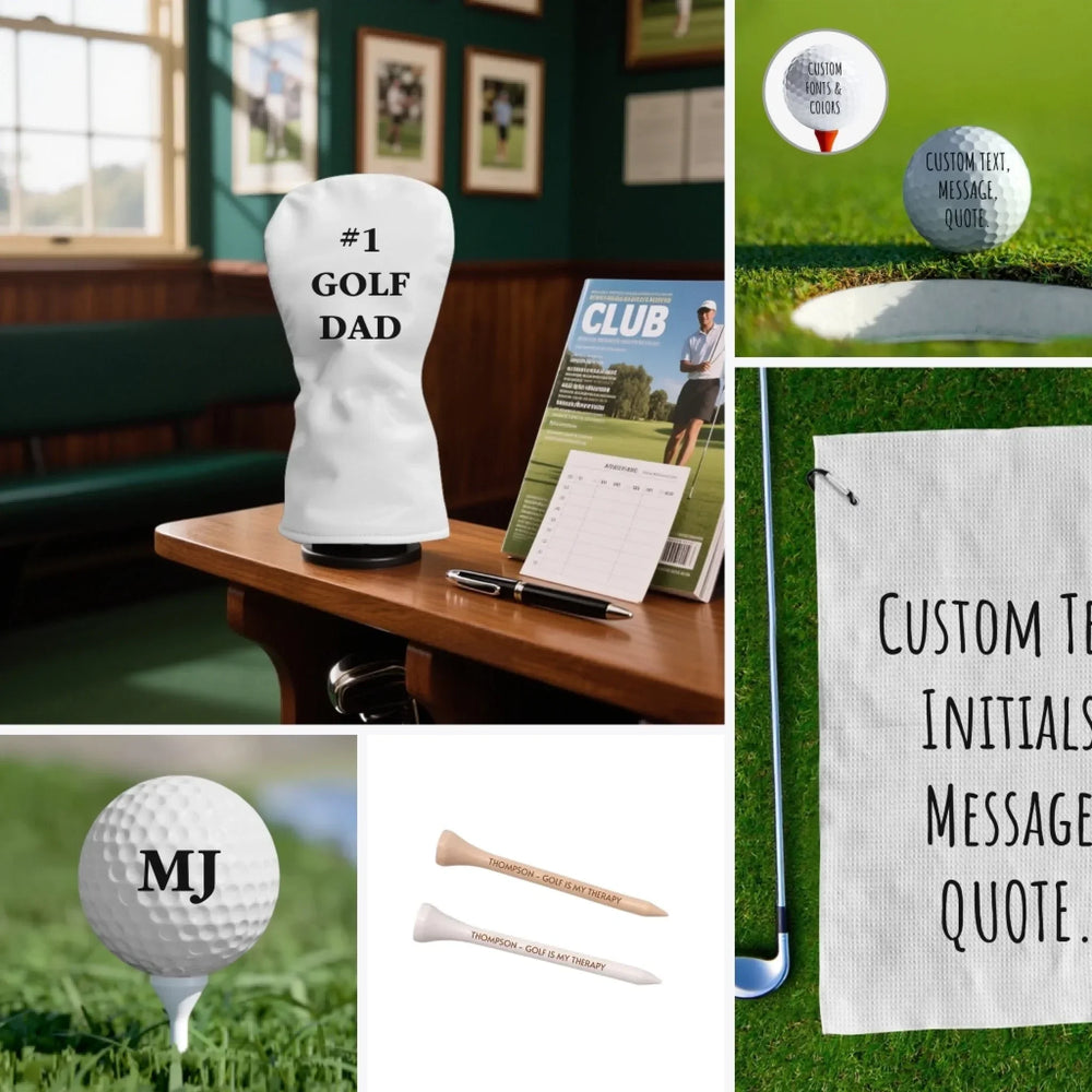 Custom Text Golf Accessories Collection - Golf Balls, Club Head Cover, Towel, Engraved Tee - ARTFULANE