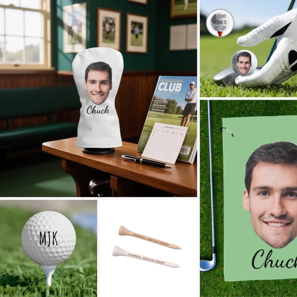 Custom Photo Face Cutout Golf Accessories - Golf Balls, Club Head Cover, Towel, Engraved Tee - ARTFULANE