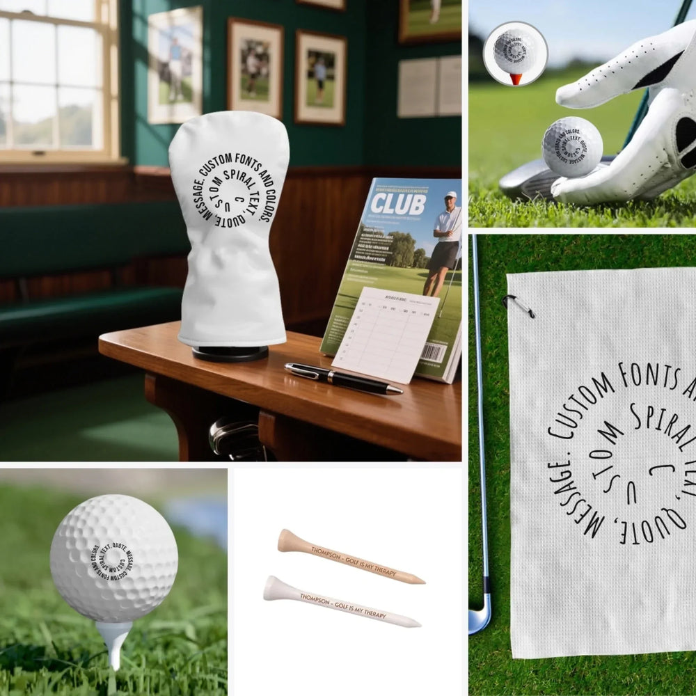 Custom Spiral Text Golf Accessories Collection - Golf Balls, Club Head Cover, Towel, Engraved Tee - ARTFULANE