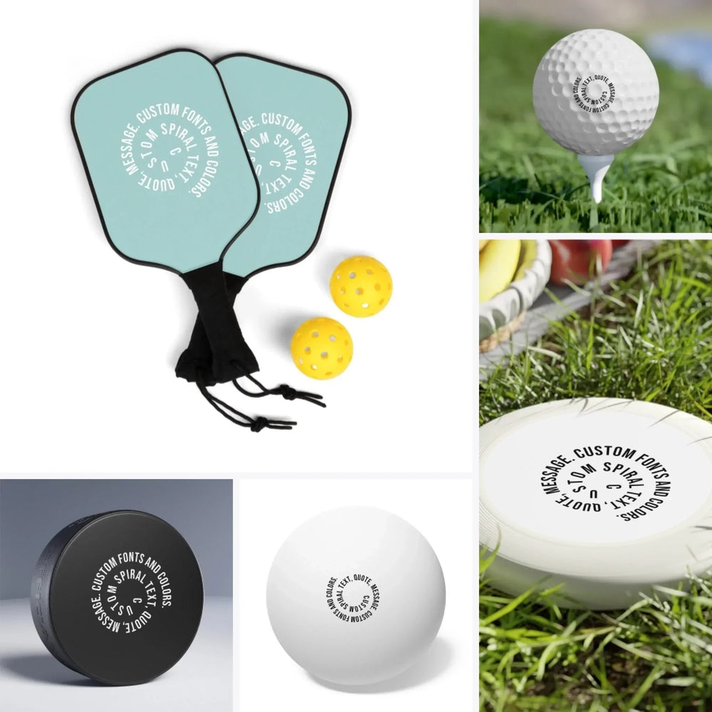 Custom Spiral Text Sports Gear Collection- Pickleball, Golf, Ping Pong, Hockey, Frisbee - ARTFULANE
