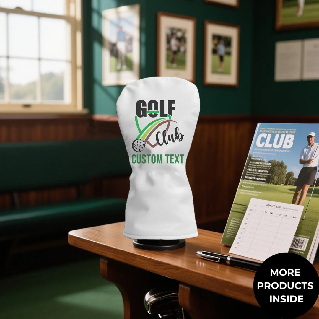 Personalized golf club head cover with custom spiral text — add initials, name, or quote in any color and font style — premium gift for golfers by ARTFULANE