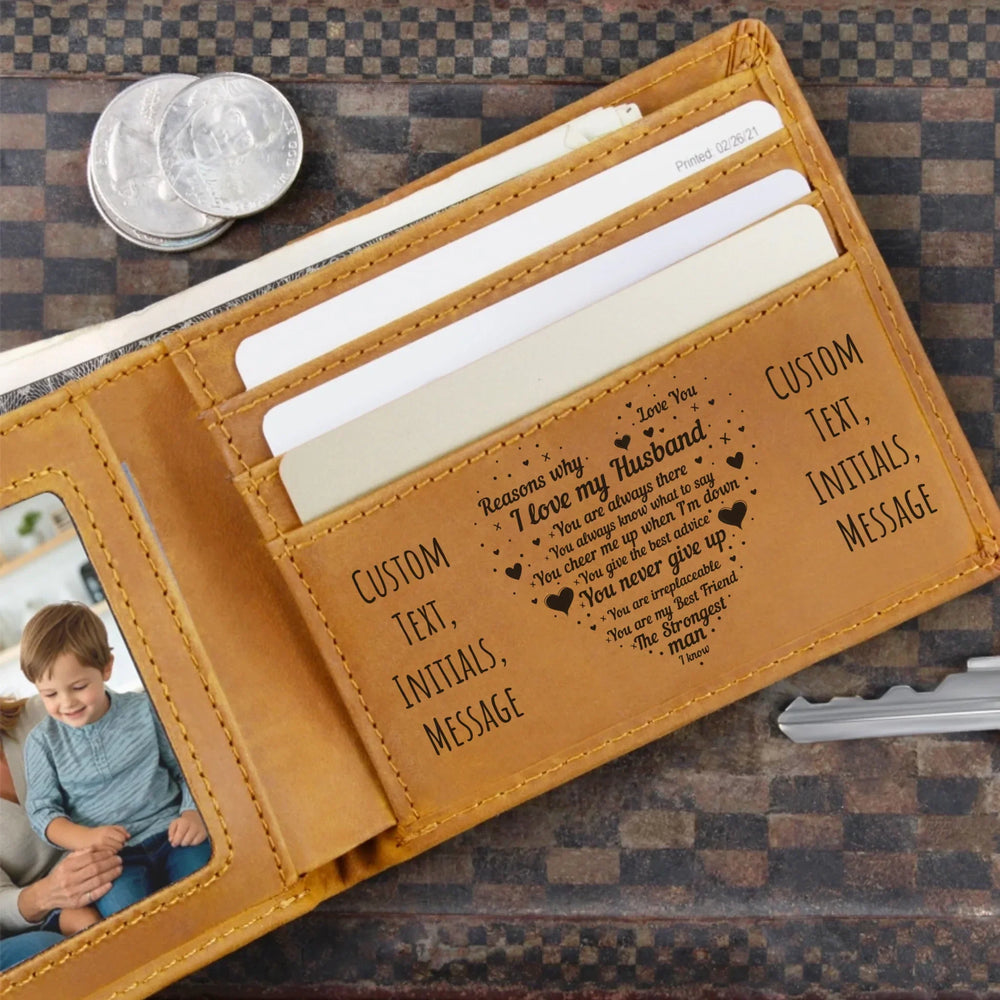 Custom engraved men’s wallet in brown leather featuring heart-shaped ‘Reasons I Love My Husband’ design and personalized text — premium gift by ARTFULANE.