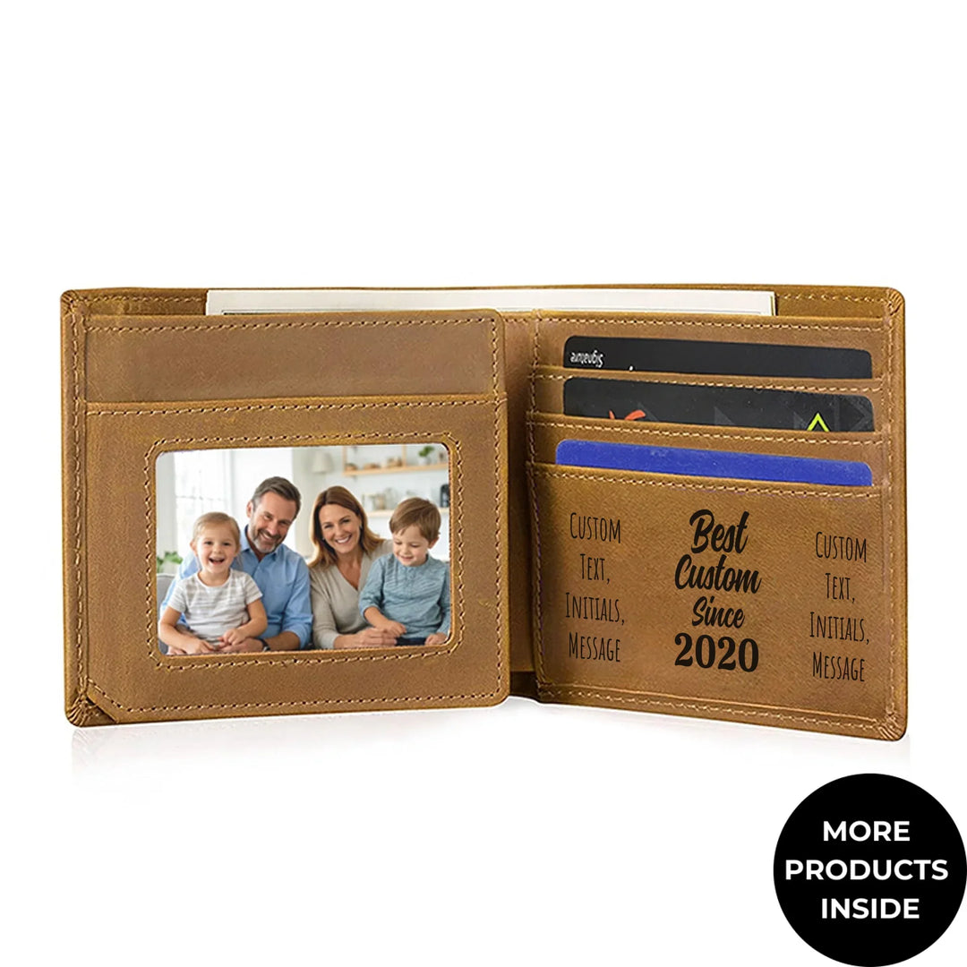 Custom engraved men’s wallet in brown leather featuring Best Custom Since Year design and personalized text — premium gift by ARTFULANE.