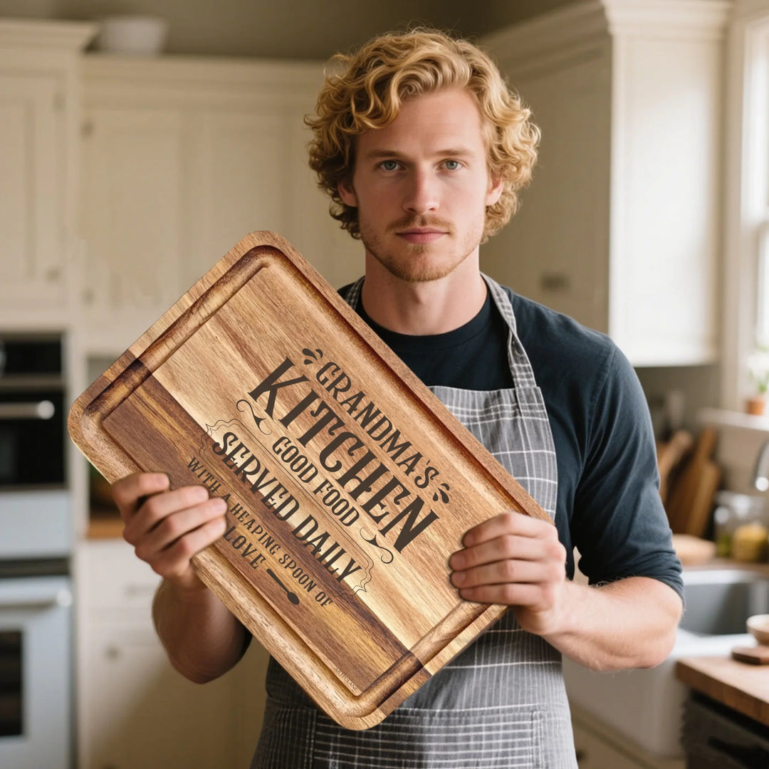 Man holding Engraved wooden cutting boards in brown, featuring custom kitchen quote designs by ARTFULANE