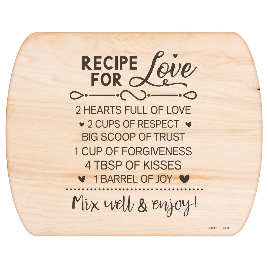 Engraved recipe cutting boards in natural maple brown, featuring 20 kitchen recipe designs by ARTFULANE