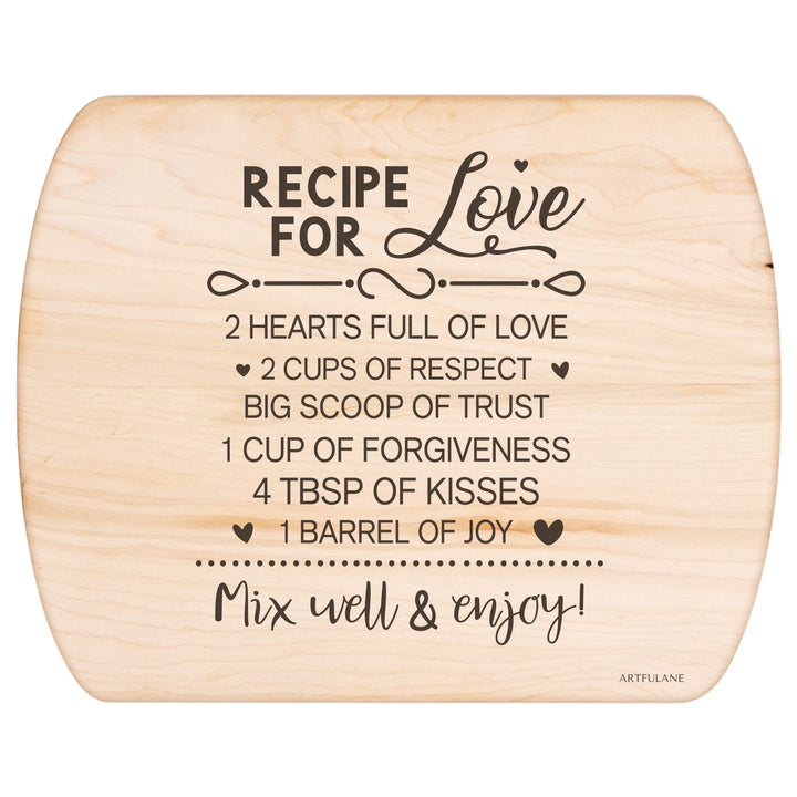 Engraved recipe cutting boards in natural maple brown, featuring 20 kitchen recipe designs by ARTFULANE