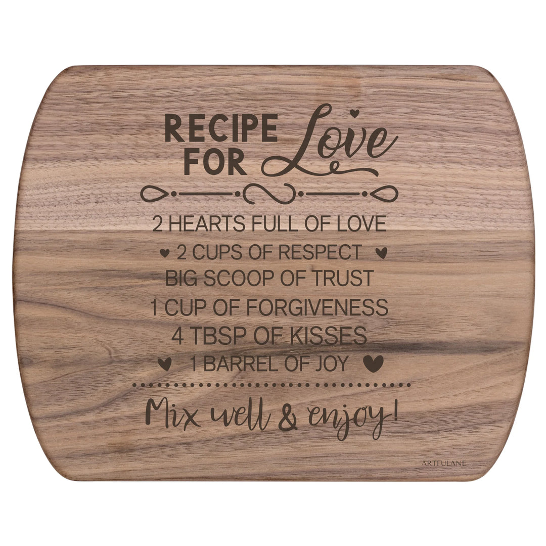Engraved recipe cutting boards in natural walnut brown, featuring 20 kitchen recipe designs by ARTFULANE