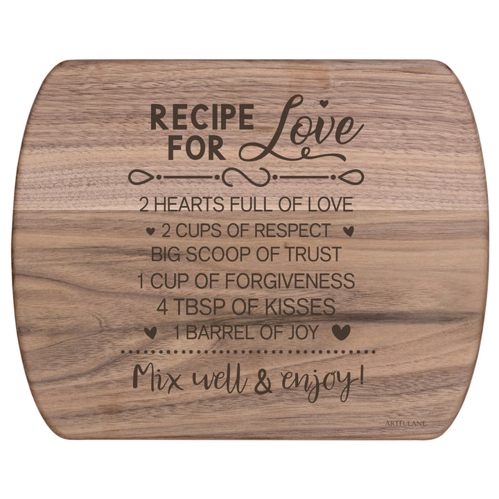 Engraved recipe cutting boards in natural walnut brown, featuring 20 kitchen recipe designs by ARTFULANE