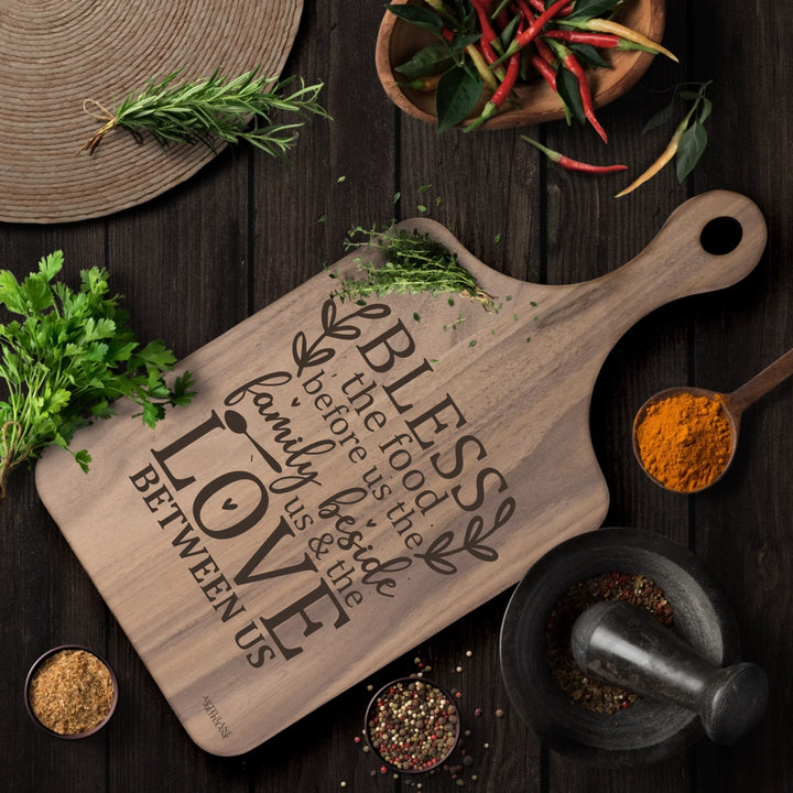 Engraved Kitchen Quotes Walnut Hardwood Paddle Cutting Board In Use - ARTFULANE