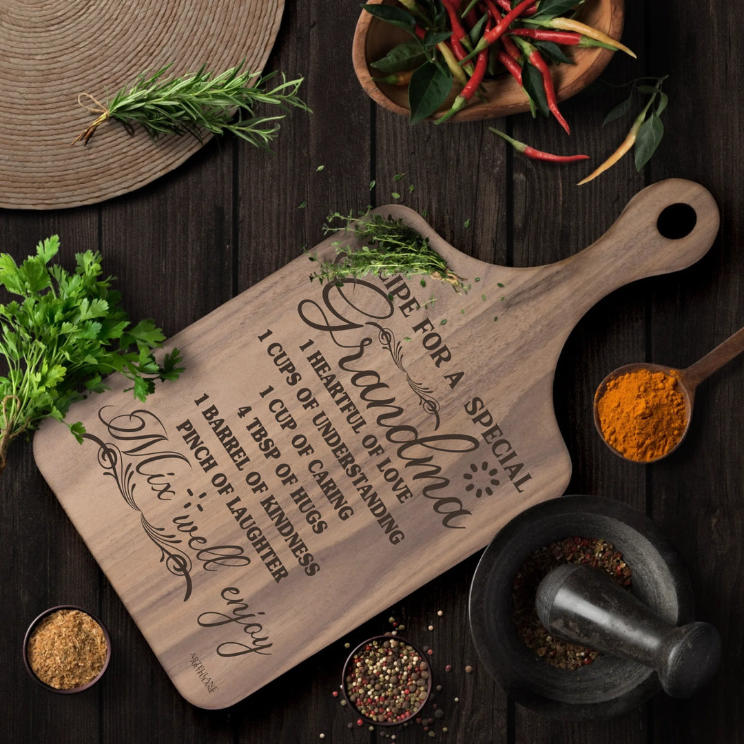 Engraved wooden cutting boards, featuring custom family recipes by ARTFULANE