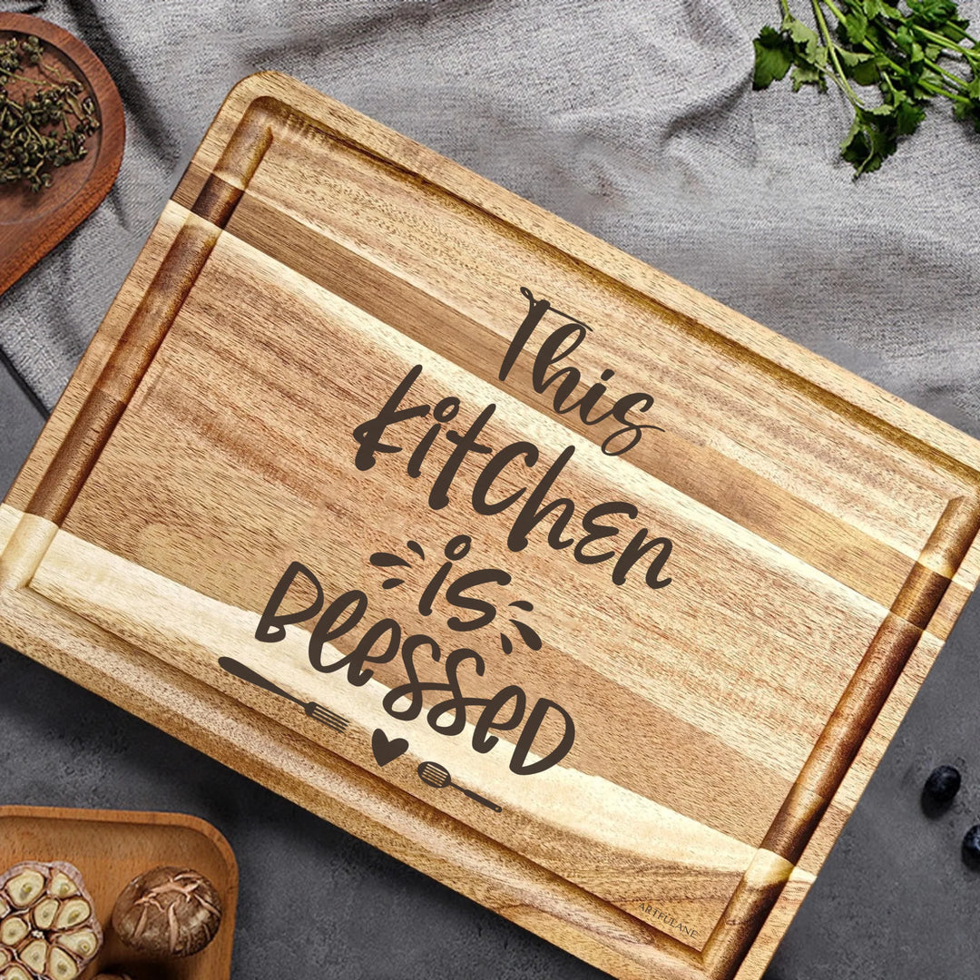Engraved wooden cutting boards in brown, featuring custom kitchen quote designs by ARTFULANE