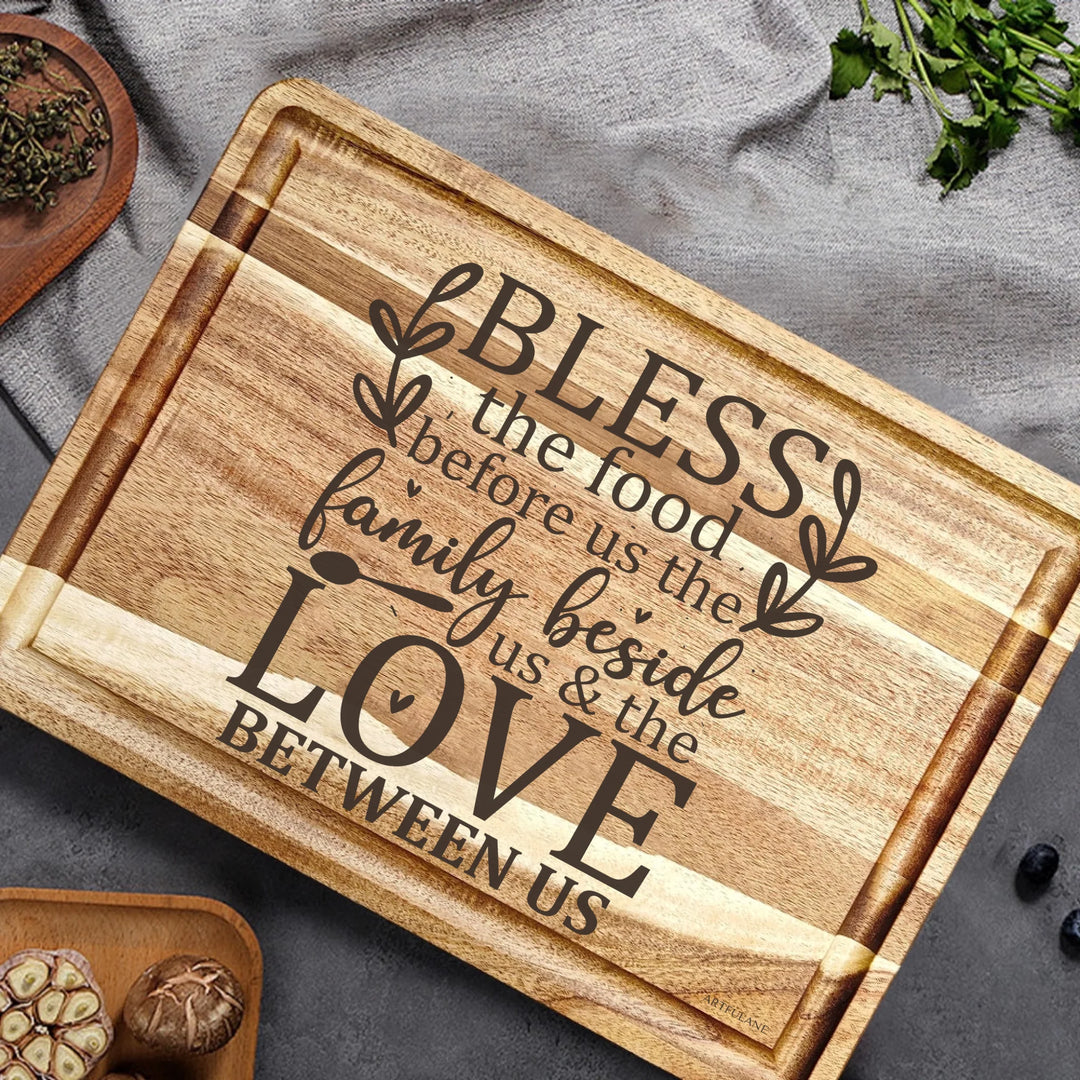 Engraved wooden cutting boards in brown, featuring custom kitchen quote designs by ARTFULANE