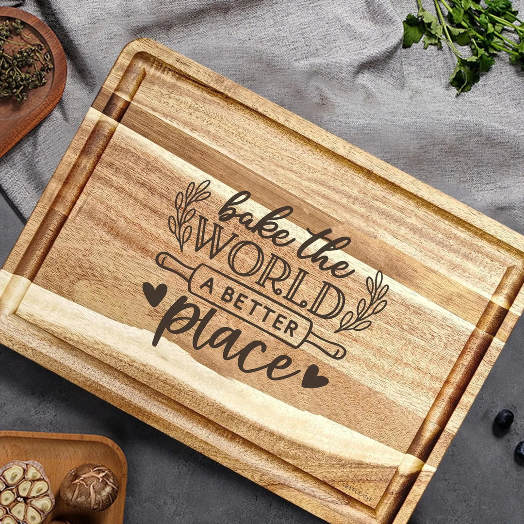 Engraved recipe cutting boards in natural wood, featuring 20 kitchen recipe designs by ARTFULANE