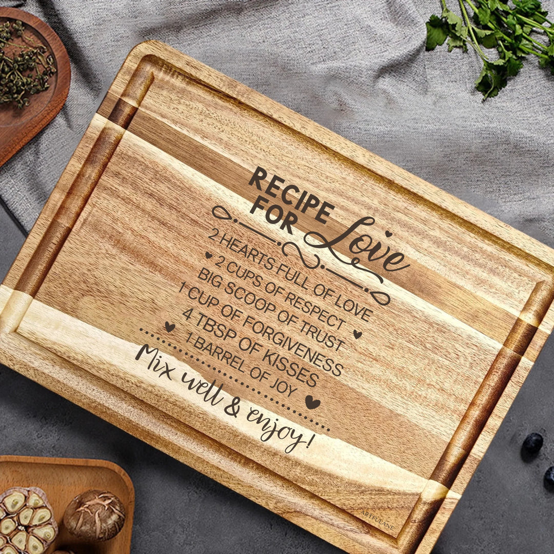 Engraved wooden cutting boards, featuring custom family recipes by ARTFULANE