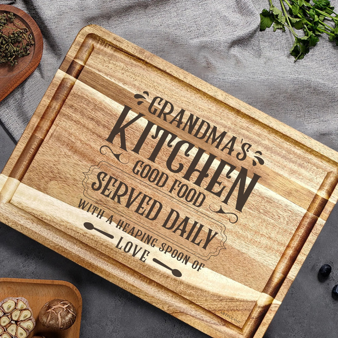 Engraved wooden cutting boards in brown, featuring custom kitchen quote designs by ARTFULANE