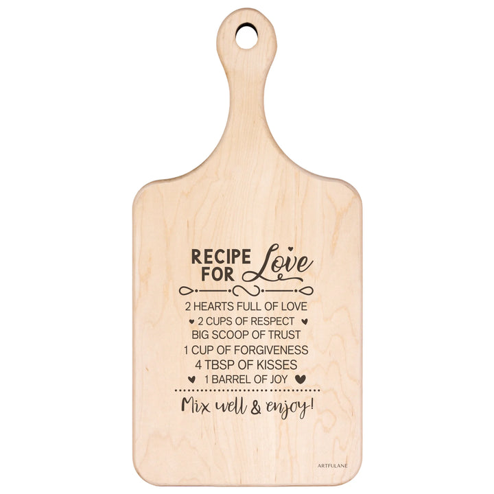 Engraved recipe cutting boards in natural maple brown, featuring 20 kitchen recipe designs by ARTFULANE