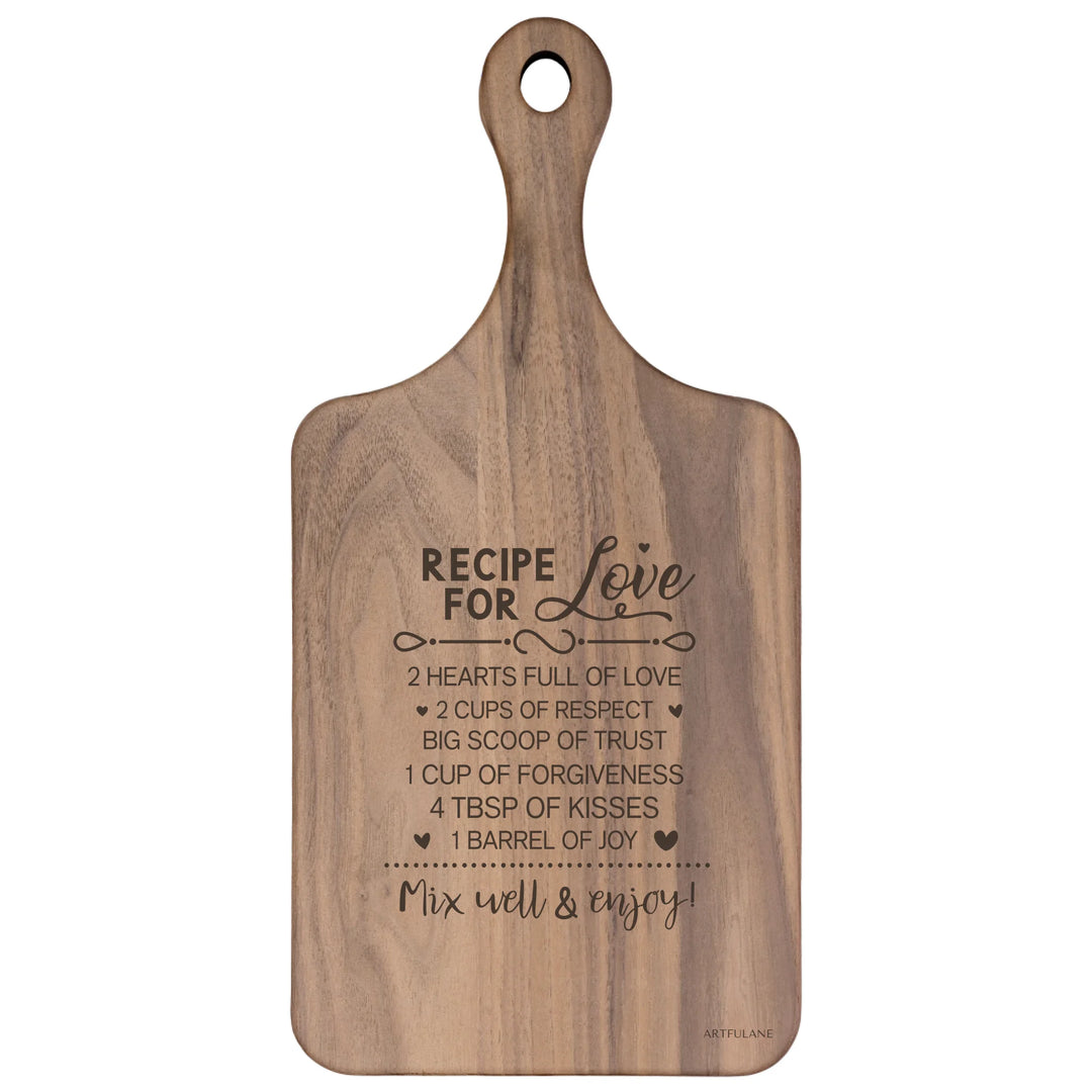 Engraved recipe cutting boards in natural walnut brown, featuring 20 kitchen recipe designs by ARTFULANE