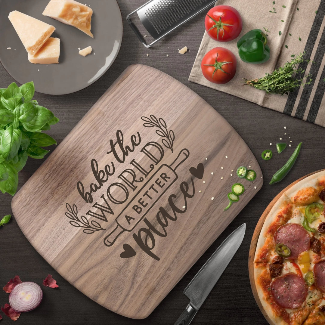 Walnut Hardwood Oval Cutting Board In Use - Engraved recipe cutting boards in natural wood, featuring 20 kitchen recipe designs by ARTFULANE