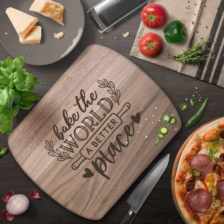 Walnut Hardwood Oval Cutting Board In Use - Engraved recipe cutting boards in natural wood, featuring 20 kitchen recipe designs by ARTFULANE